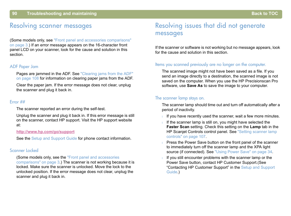 Resolving scanner messages, Resolving issues that did not generate messages, Se see | Resolving issues that did not | HP 5400c Series User Manual | Page 90 / 146