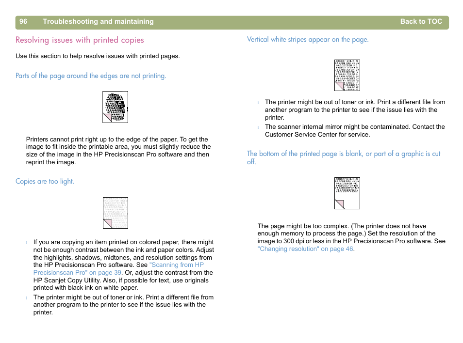 Resolving issues with printed copies, Resolving issues with, Also | Resolving issues with printed copies" on | HP 5400c Series User Manual | Page 96 / 146