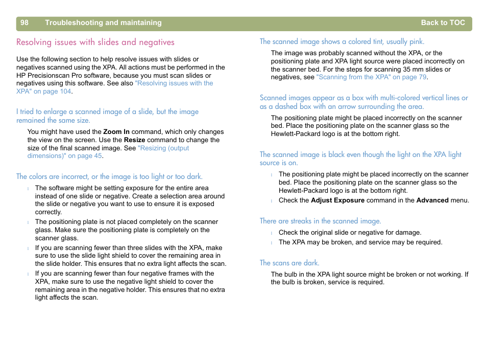 Resolving issues with slides and negatives, Resolving issues with | HP 5400c Series User Manual | Page 98 / 146