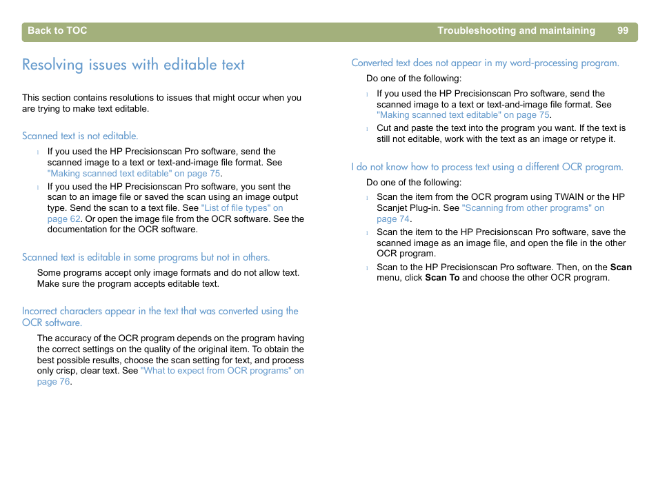 Resolving issues with editable text, Resolving issues with | HP 5400c Series User Manual | Page 99 / 146