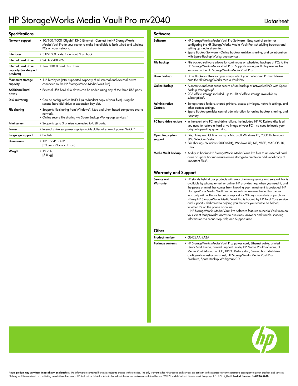 Hp storageworks media vault pro mv2040, Datasheet, Specifications | Software, Warranty and support, Other | HP mv2040 User Manual | Page 2 / 2
