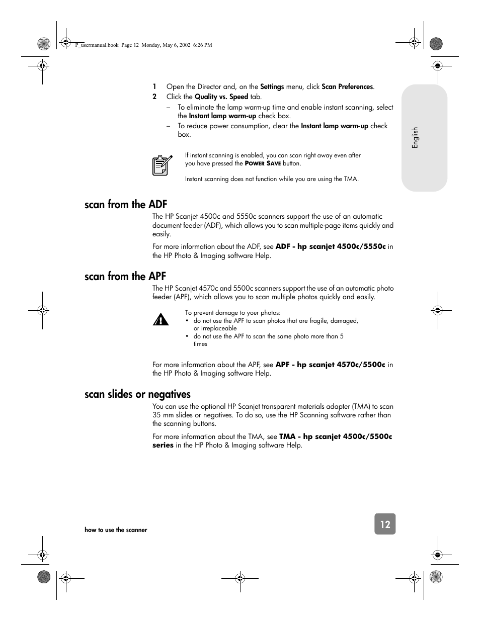 Scan from the adf, Scan from the apf, Scan slides or negatives | HP 4500c Series User Manual | Page 17 / 74