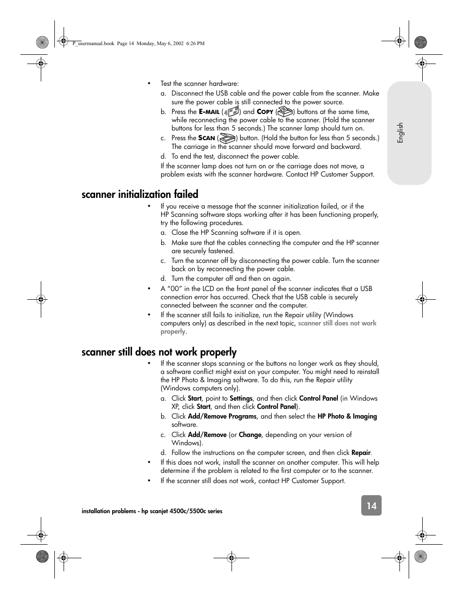 Scanner initialization failed, Scanner still does not work properly | HP 4500c Series User Manual | Page 19 / 74
