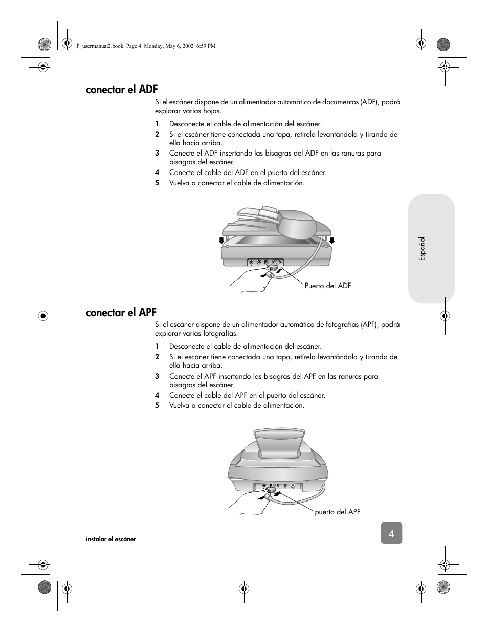 Conectar el adf, Conectar el apf | HP 4500c Series User Manual | Page 31 / 74