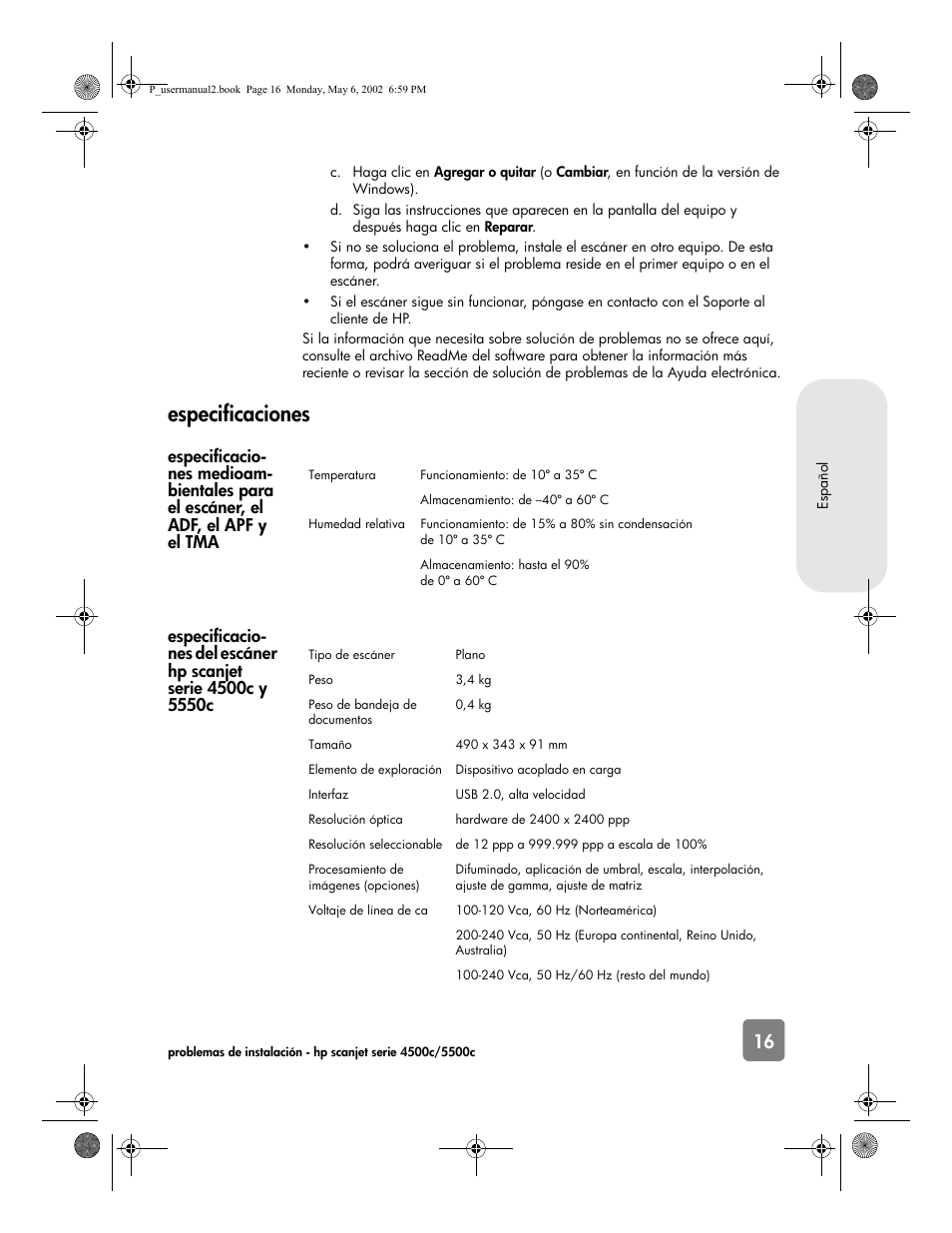 Especificaciones | HP 4500c Series User Manual | Page 43 / 74