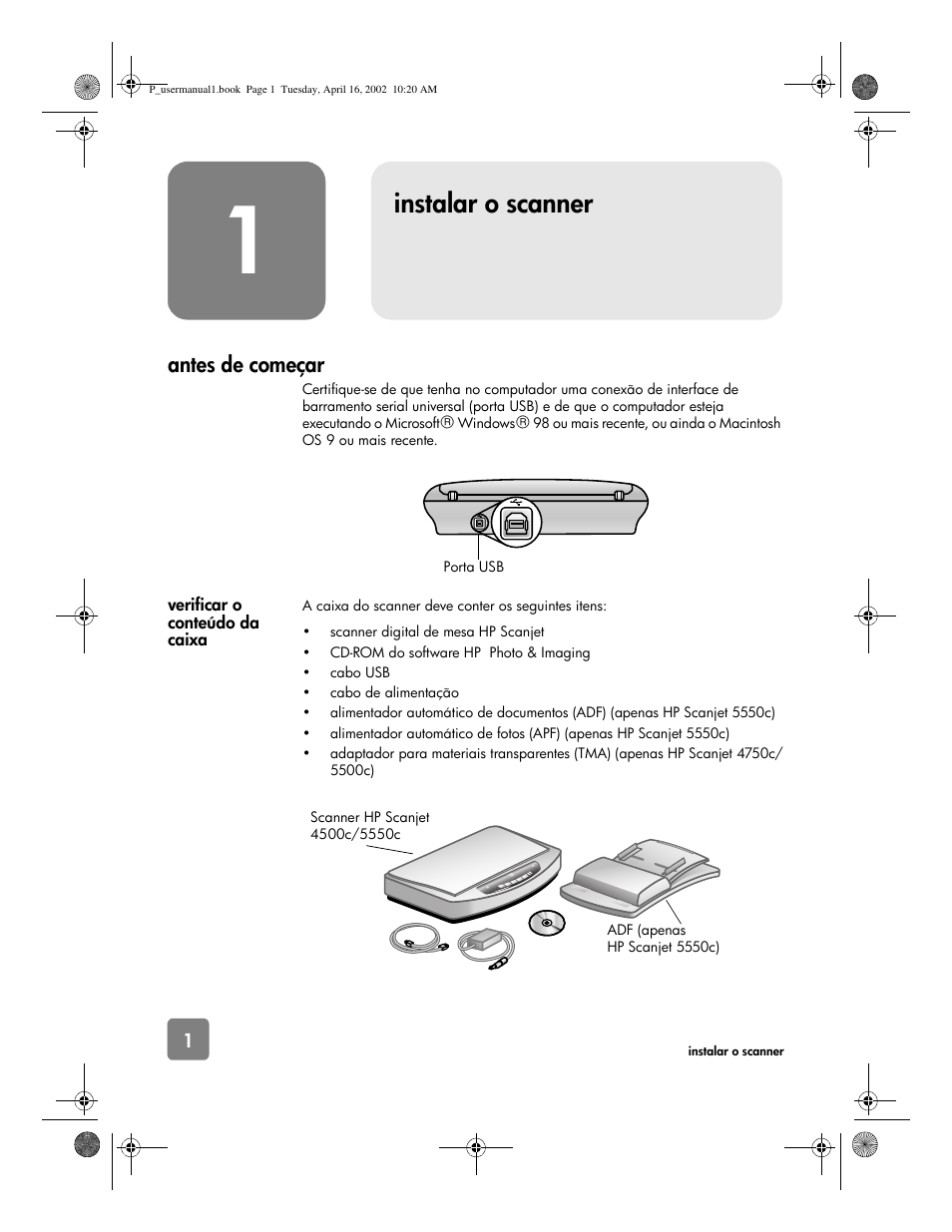 Instalar o scanner, Antes de começar | HP 4500c Series User Manual | Page 54 / 74