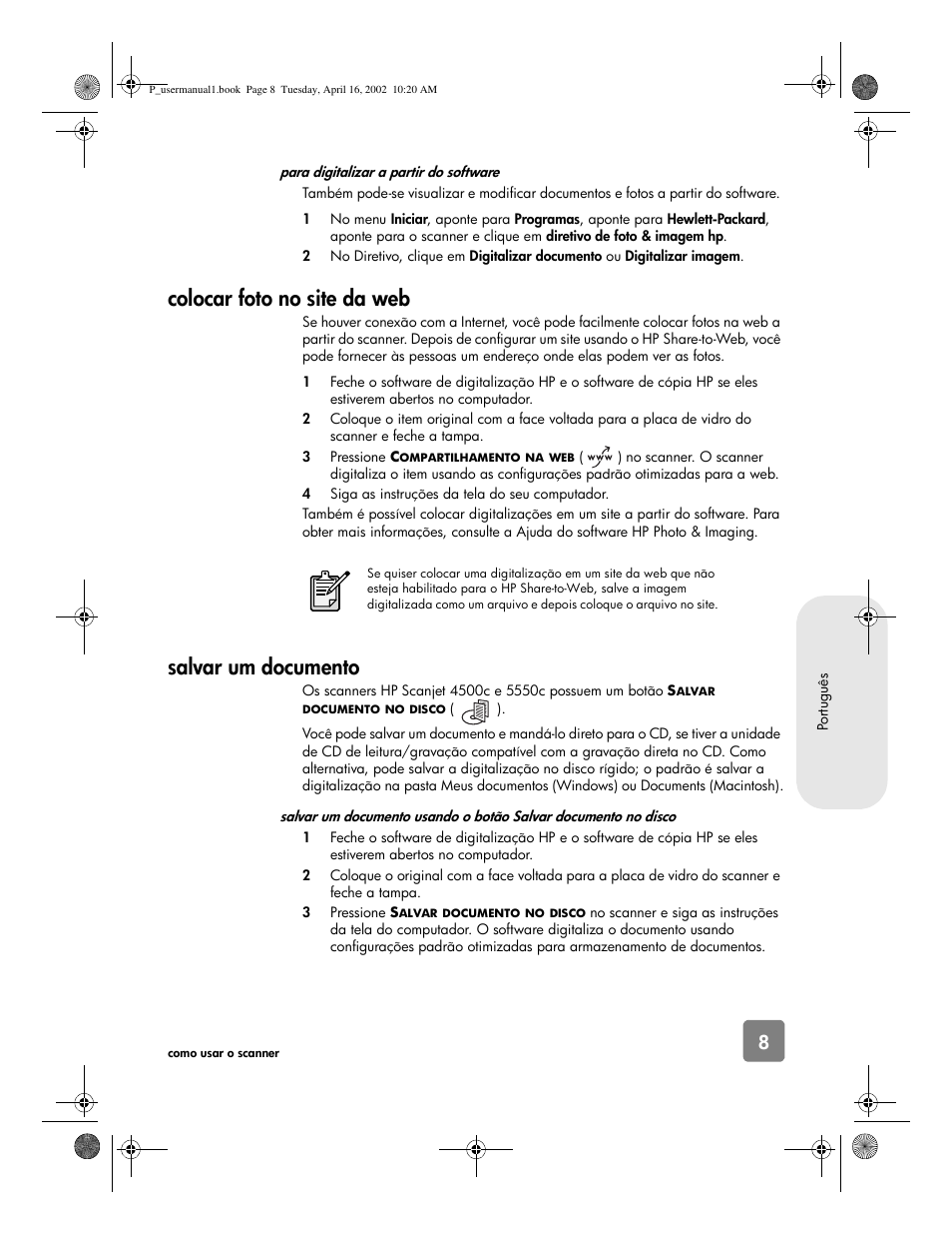 Colocar foto no site da web, Salvar um documento | HP 4500c Series User Manual | Page 61 / 74