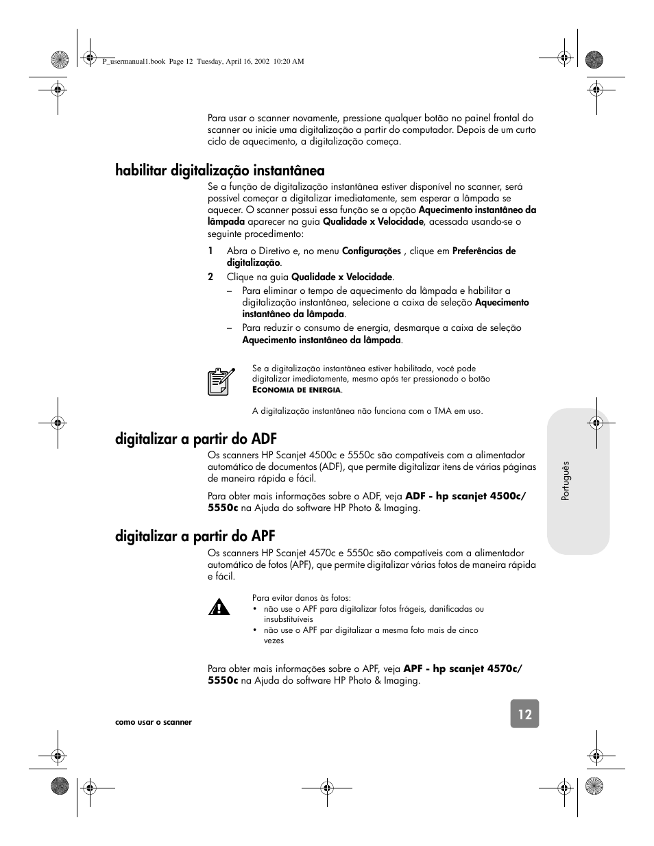 Habilitar digitalização instantânea, Digitalizar a partir do adf, Digitalizar a partir do apf | HP 4500c Series User Manual | Page 65 / 74