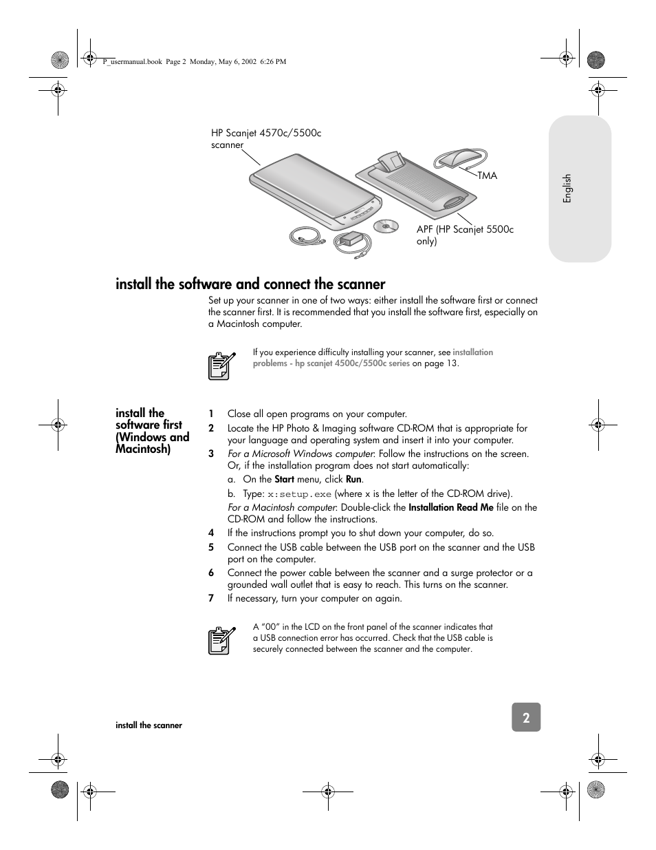 Install the software and connect the scanner | HP 4500c Series User Manual | Page 7 / 74
