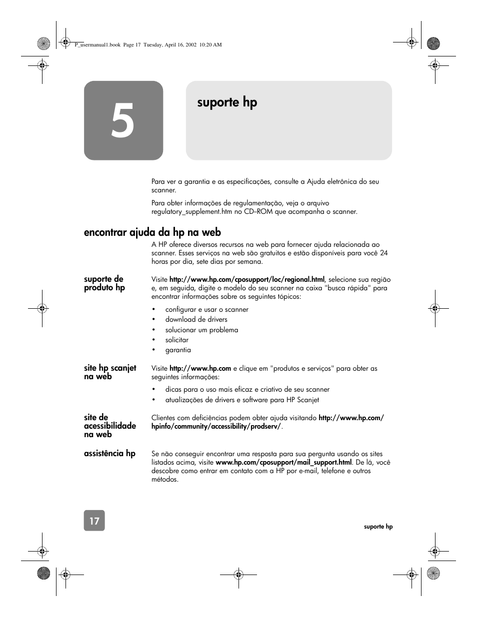 Suporte hp, Encontrar ajuda da hp na web | HP 4500c Series User Manual | Page 70 / 74
