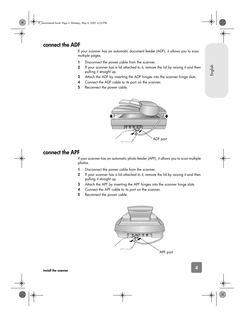 Connect the adf, Connect the apf | HP 4500c Series User Manual | Page 9 / 74