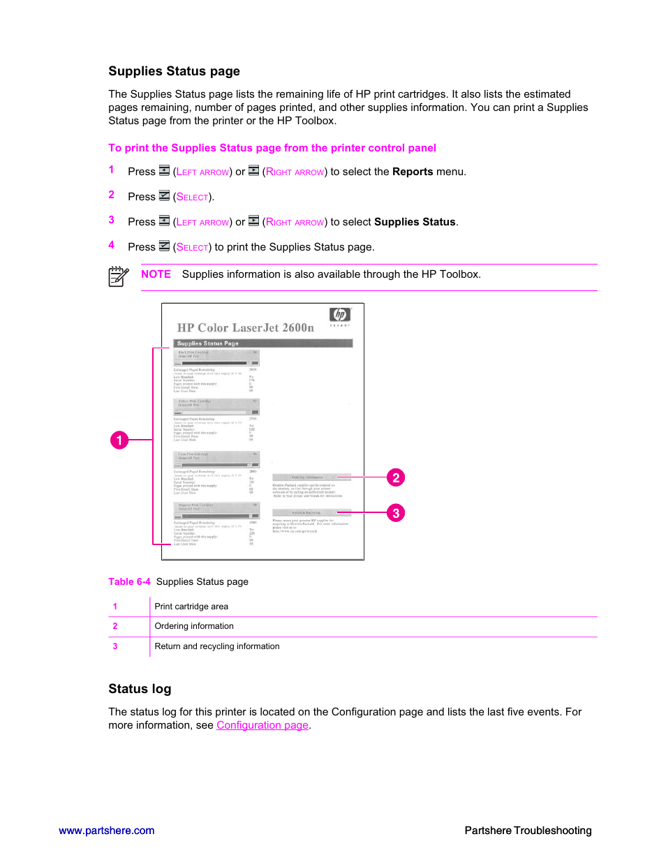 Supplies status page, Status log | HP 2600n User Manual | Page 20 / 52