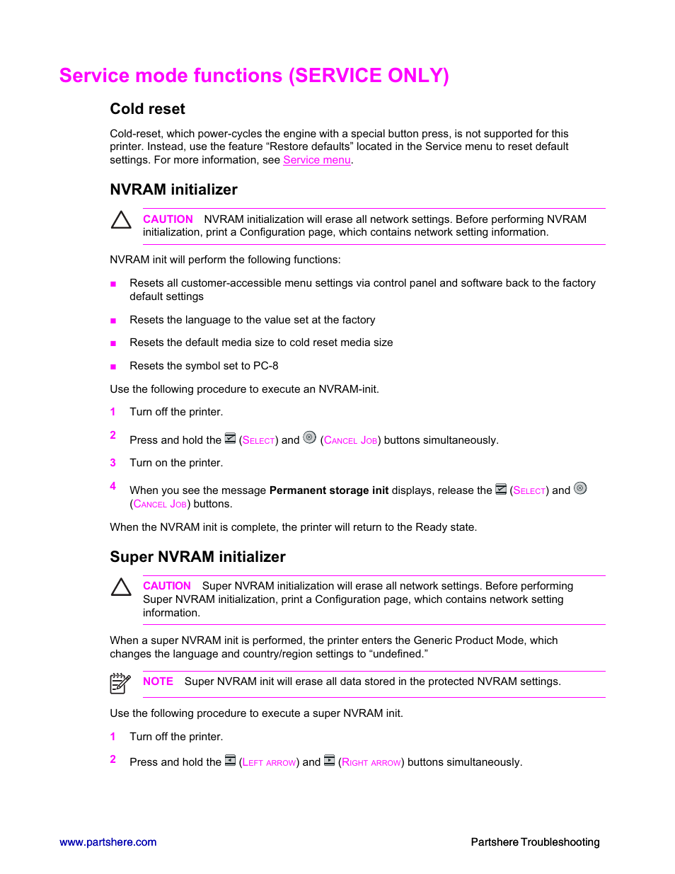 Service mode functions (service only), Cold reset, Nvram initializer | Super nvram initializer | HP 2600n User Manual | Page 30 / 52