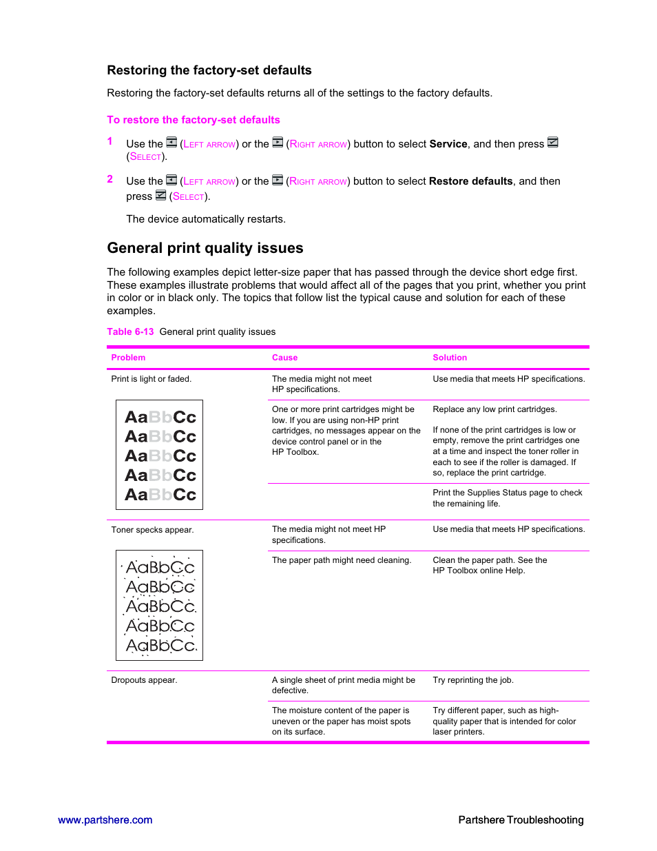 General print quality issues, Restoring the factory-set defaults | HP 2600n User Manual | Page 42 / 52