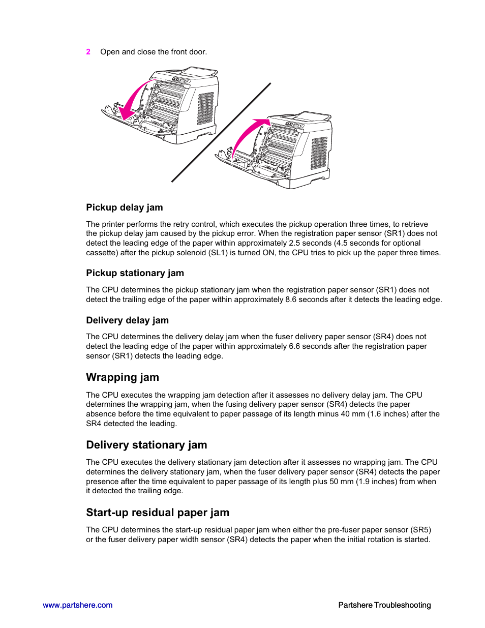 Wrapping jam, Delivery stationary jam, Start-up residual paper jam | HP 2600n User Manual | Page 9 / 52