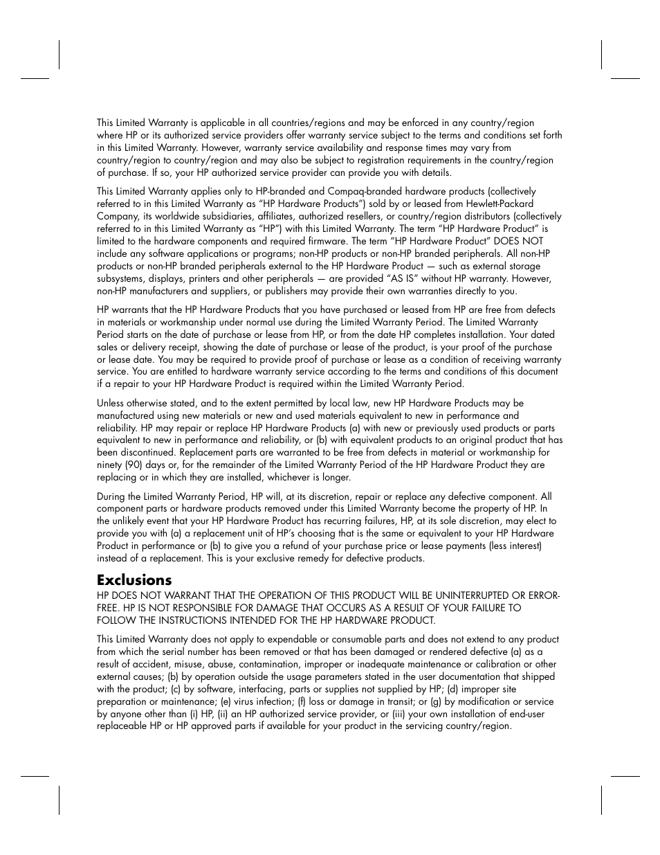 Exclusions | HP KPEC992M User Manual | Page 10 / 16