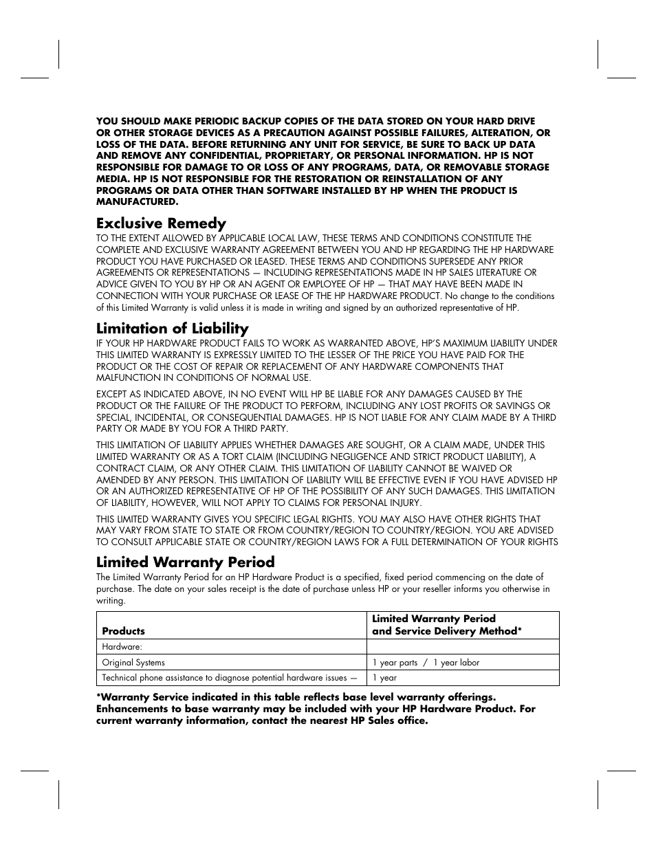 Exclusive remedy, Limitation of liability, Limited warranty period | HP KPEC992M User Manual | Page 11 / 16