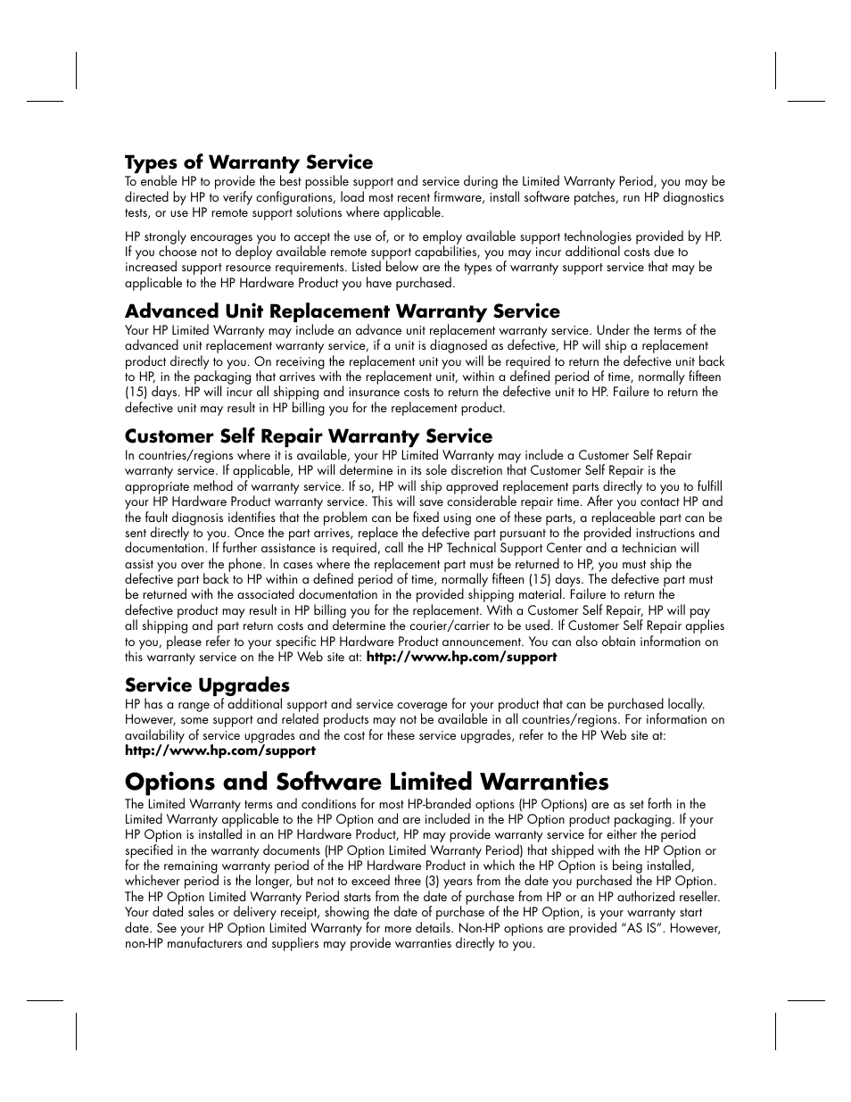 Options and software limited warranties | HP KPEC992M User Manual | Page 12 / 16