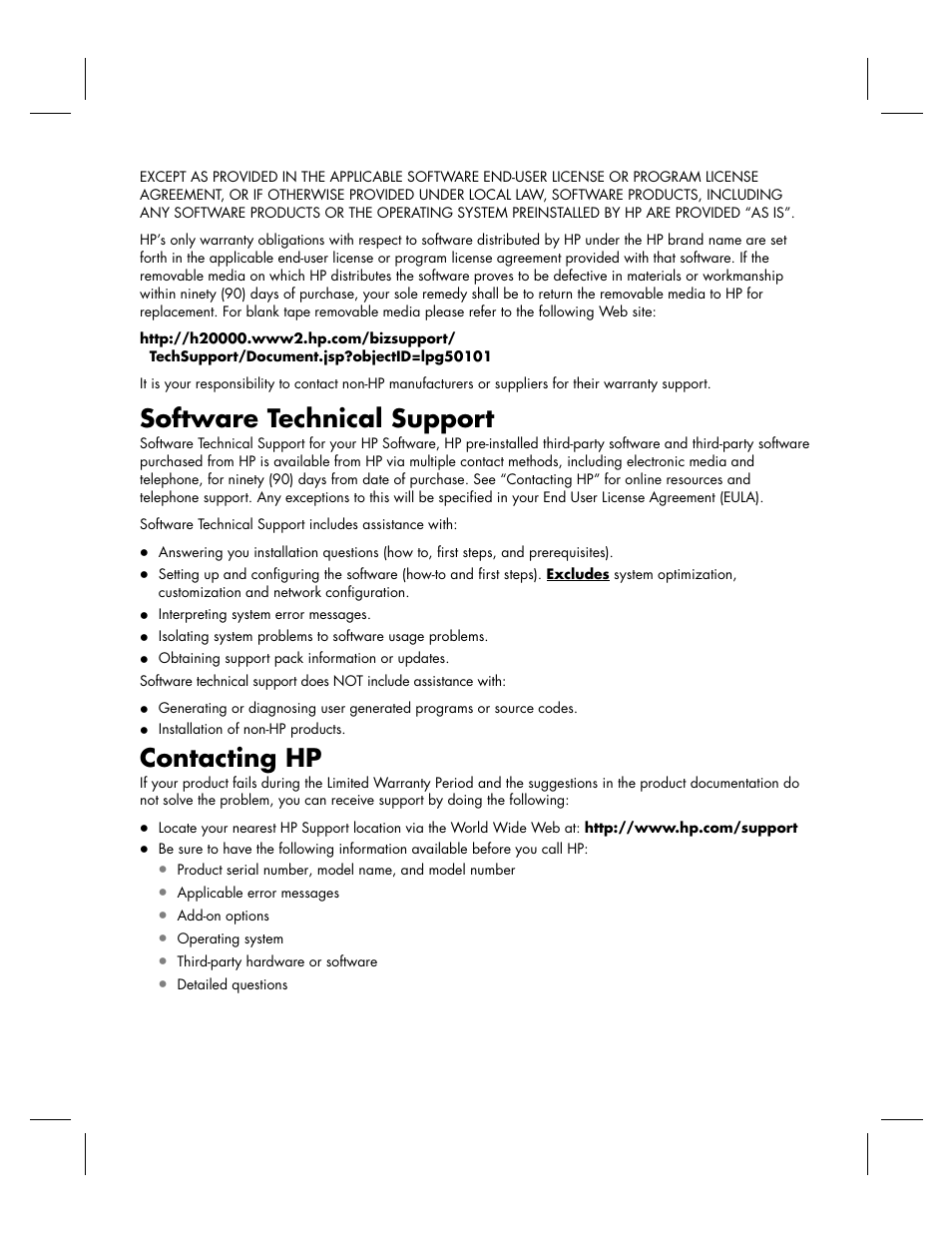 Software technical support, Contacting hp | HP KPEC992M User Manual | Page 13 / 16