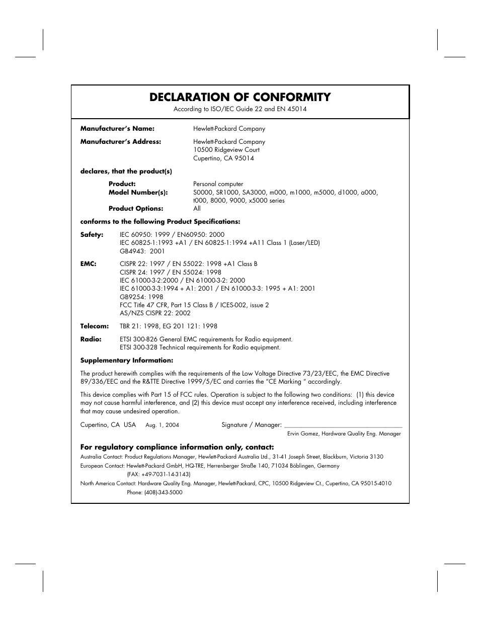 Declaration of conformity | HP KPEC992M User Manual | Page 14 / 16