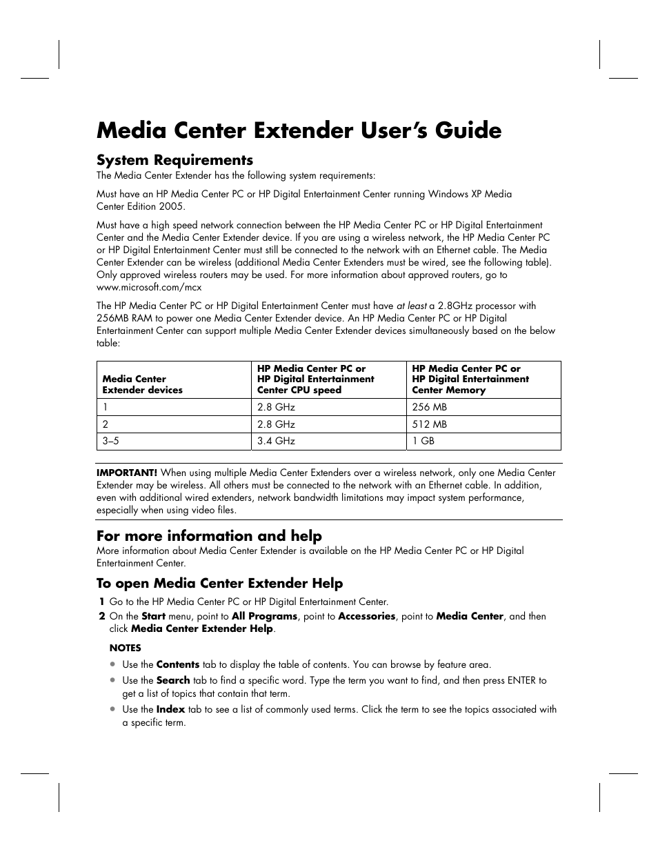 Media center extender user’s guide, System requirements, For more information and help | HP KPEC992M User Manual | Page 3 / 16