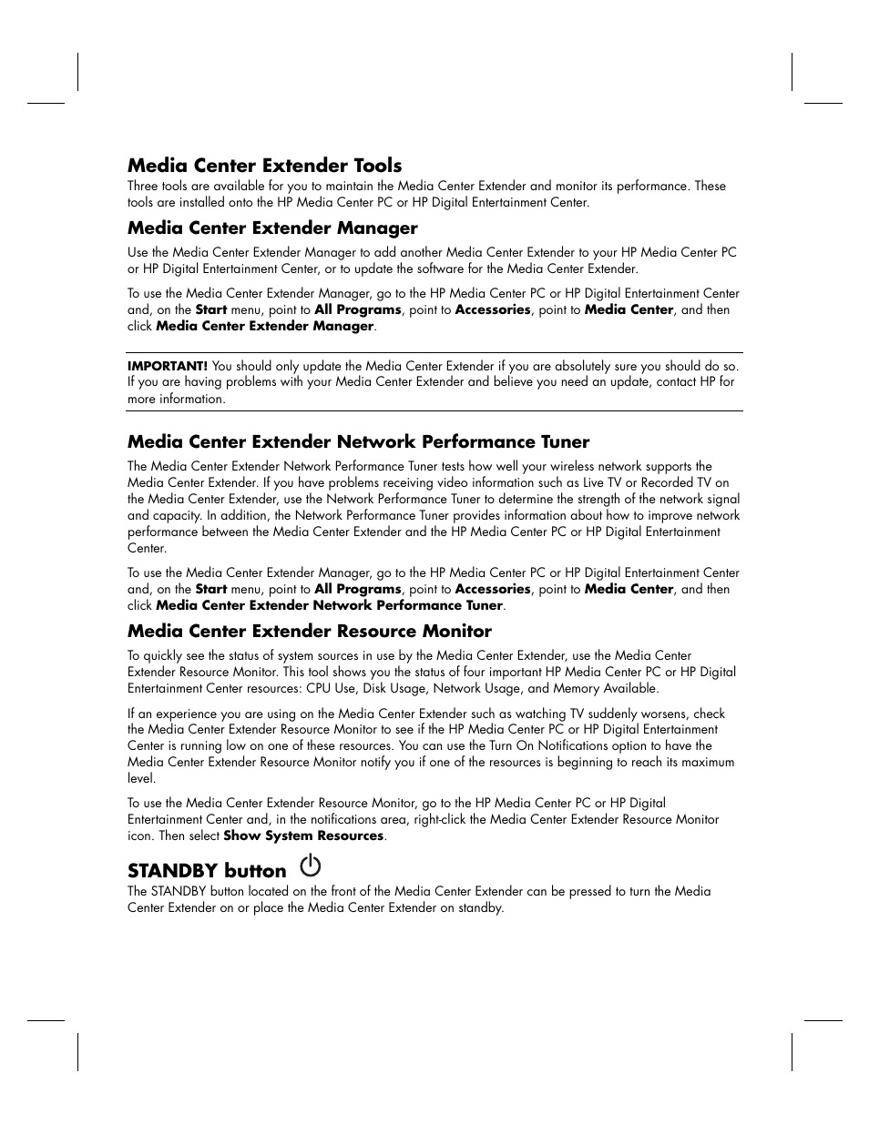 Media center extender tools, Standby button | HP KPEC992M User Manual | Page 4 / 16