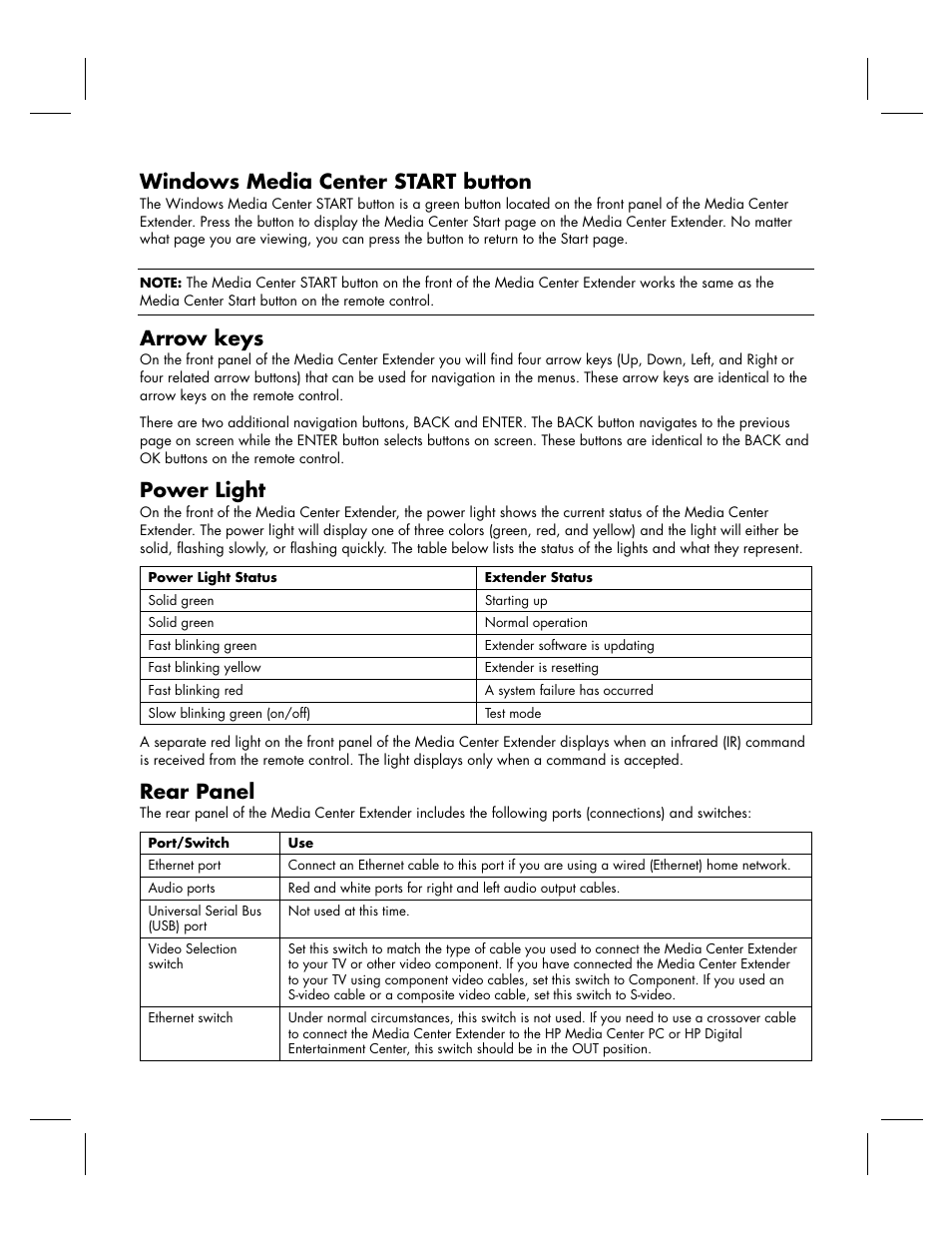 Windows media center start button, Arrow keys, Power light | Rear panel | HP KPEC992M User Manual | Page 5 / 16