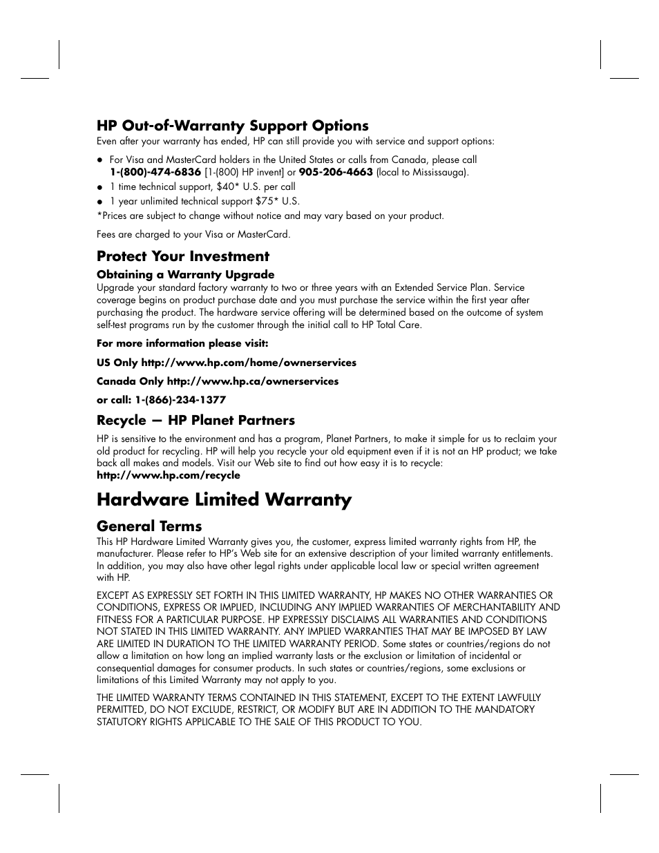 Hardware limited warranty, Hp out-of-warranty support options, Protect your investment | General terms | HP KPEC992M User Manual | Page 9 / 16