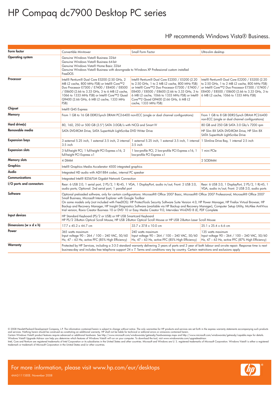Hp compaq dc7900 desktop pc series, Hp recommends windows vista® business | HP Compaq dc7900 User Manual | Page 2 / 3