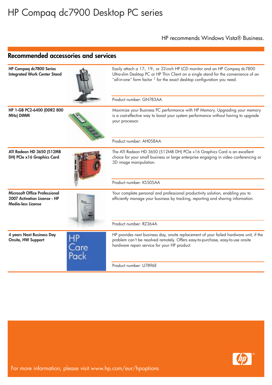 Hp compaq dc7900 desktop pc series, Recommended accessories and services, Hp recommends windows vista® business | HP Compaq dc7900 User Manual | Page 3 / 3