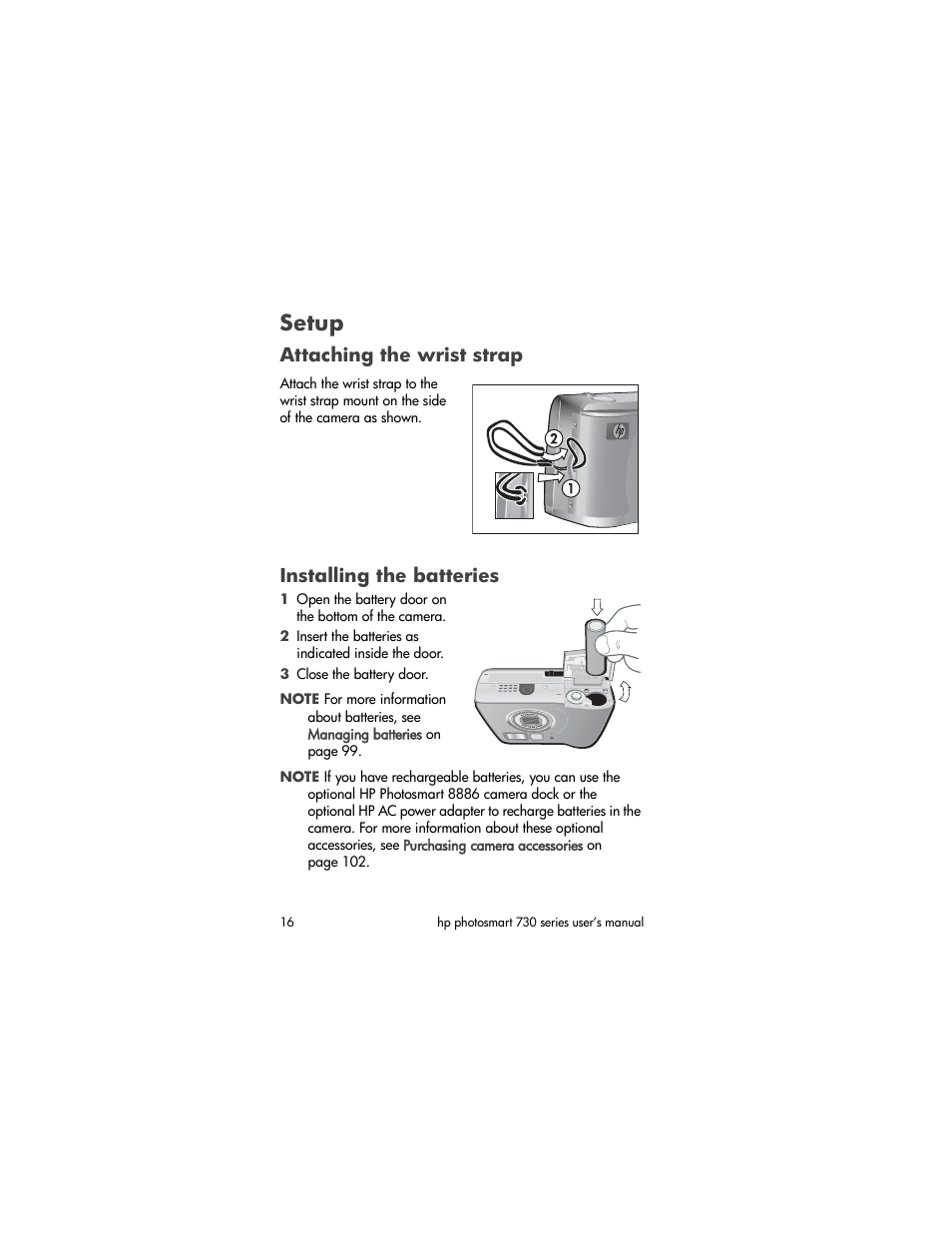 Setup, Attaching the wrist strap, Installing the batteries | HP Photosmart 730 series User Manual | Page 16 / 116