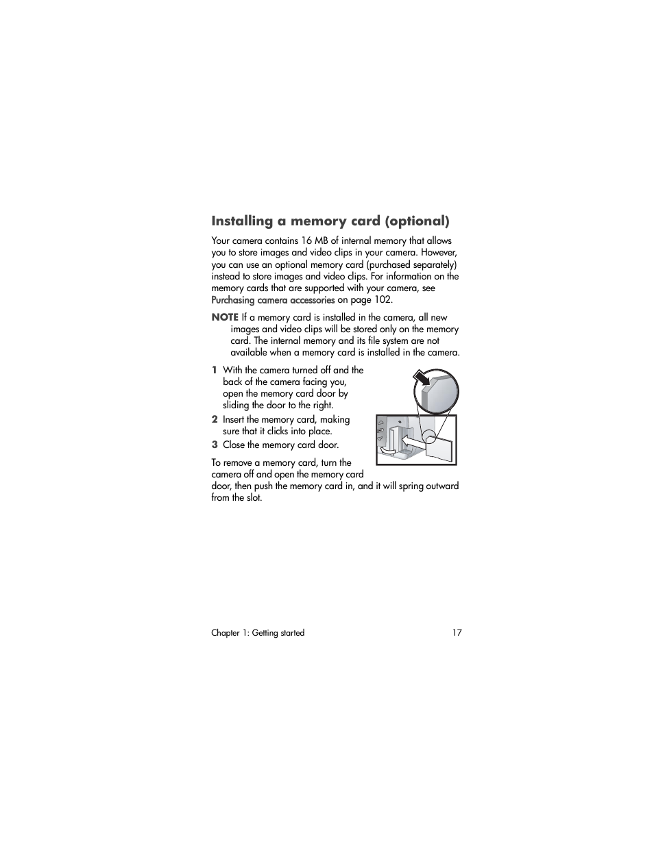 Installing a memory card (optional) | HP Photosmart 730 series User Manual | Page 17 / 116