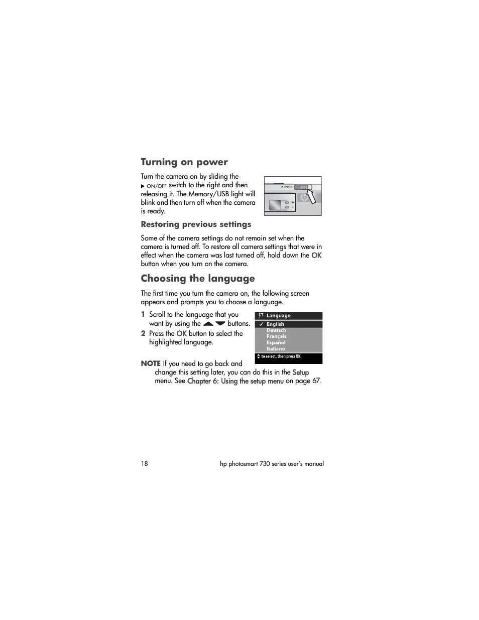 Turning on power, Restoring previous settings, Choosing the language | HP Photosmart 730 series User Manual | Page 18 / 116