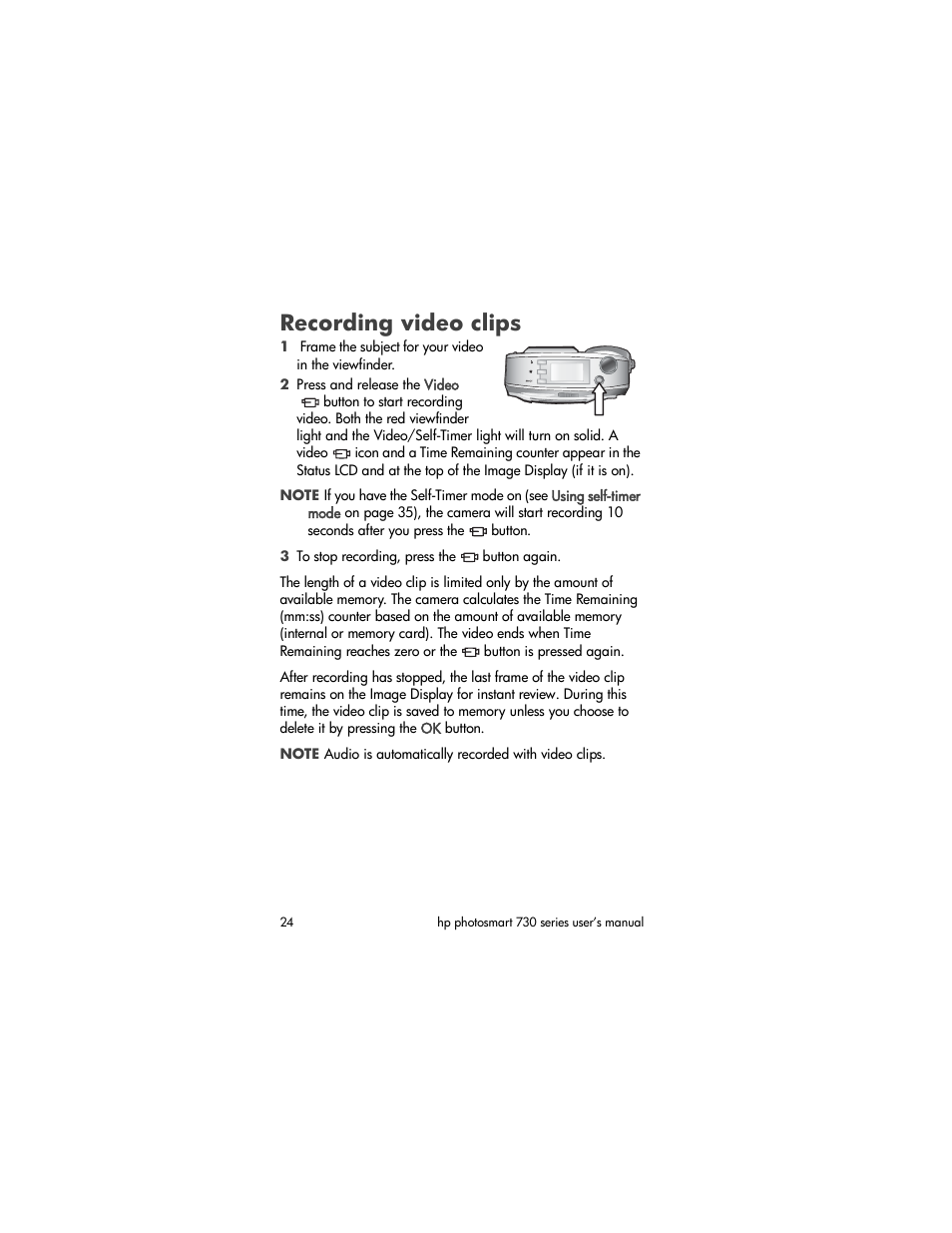 Recording video clips | HP Photosmart 730 series User Manual | Page 24 / 116