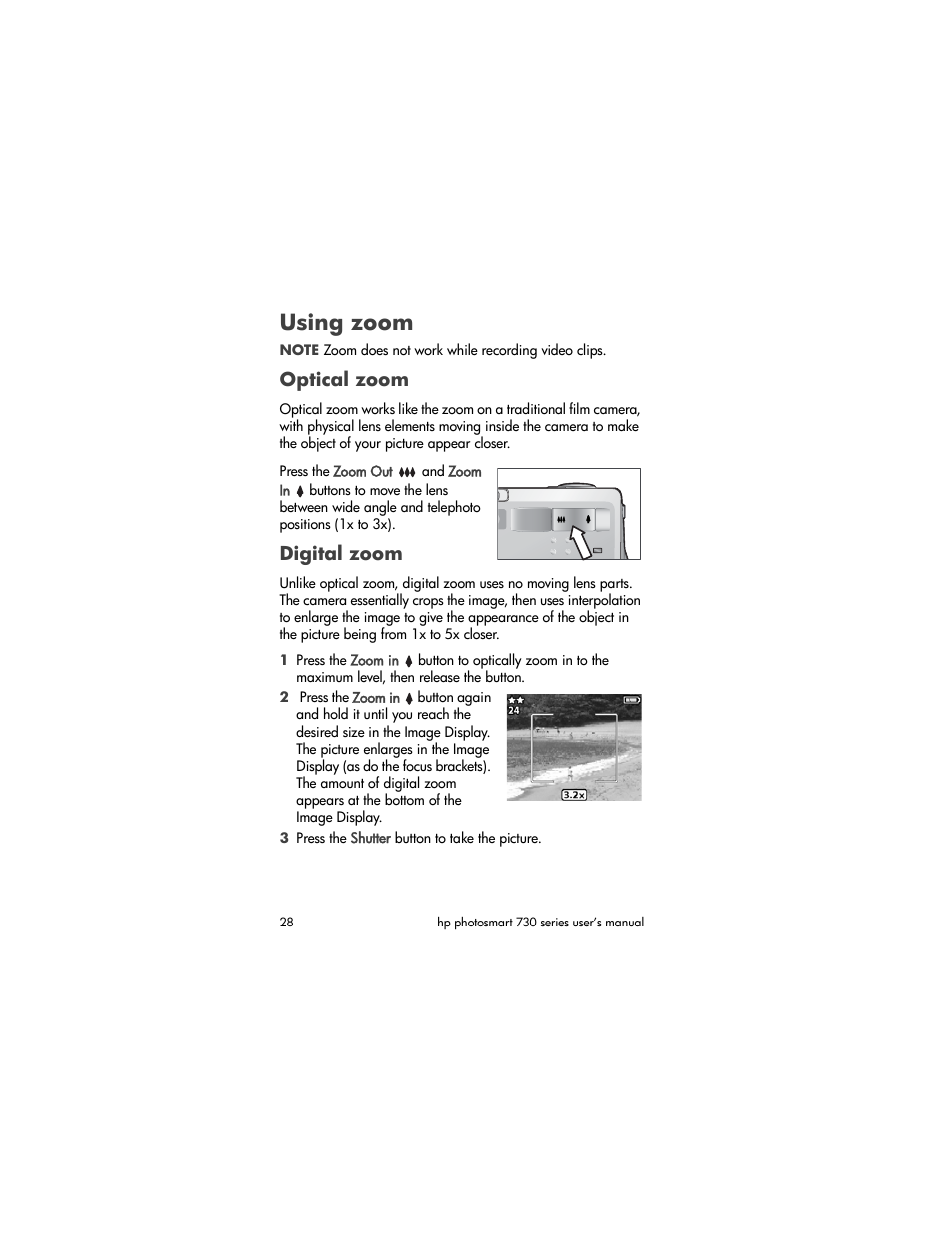 Using zoom, Optical zoom, Digital zoom | HP Photosmart 730 series User Manual | Page 28 / 116