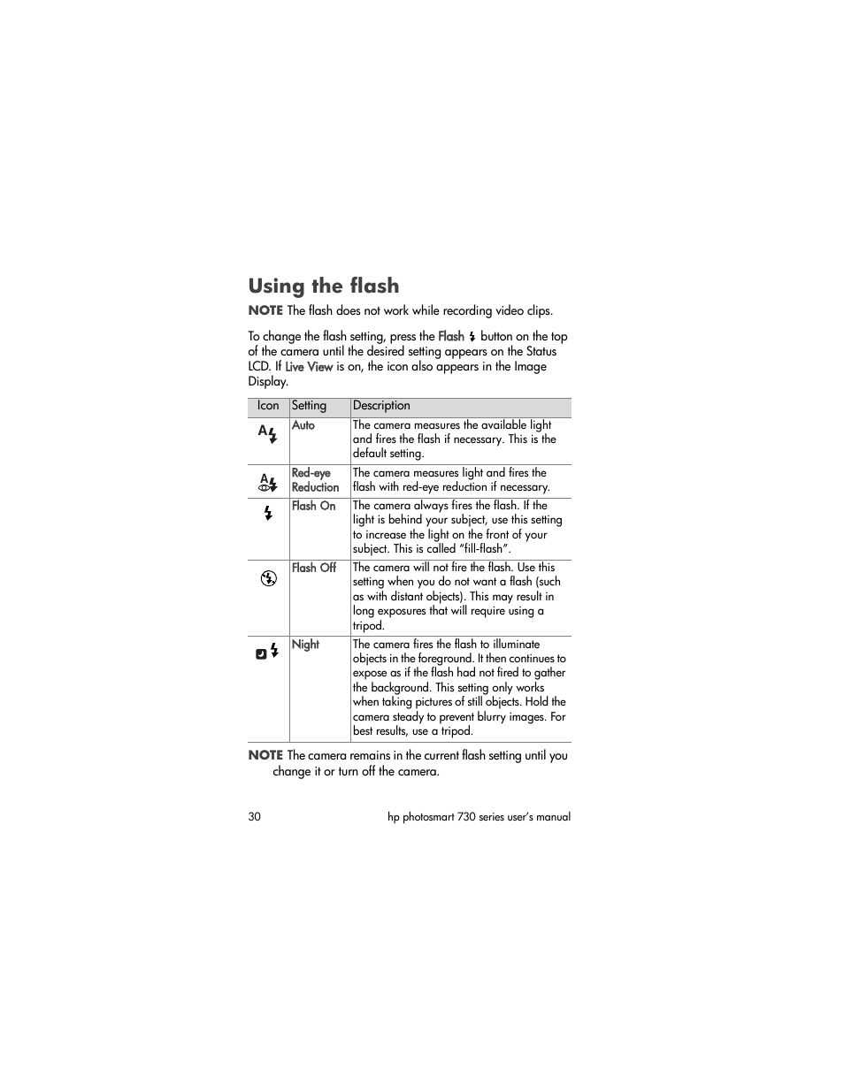 Using the flash | HP Photosmart 730 series User Manual | Page 30 / 116