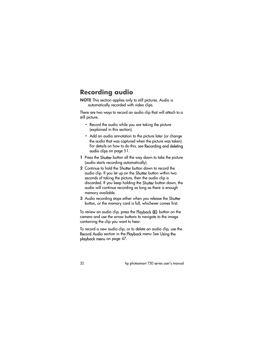 Recording audio | HP Photosmart 730 series User Manual | Page 32 / 116