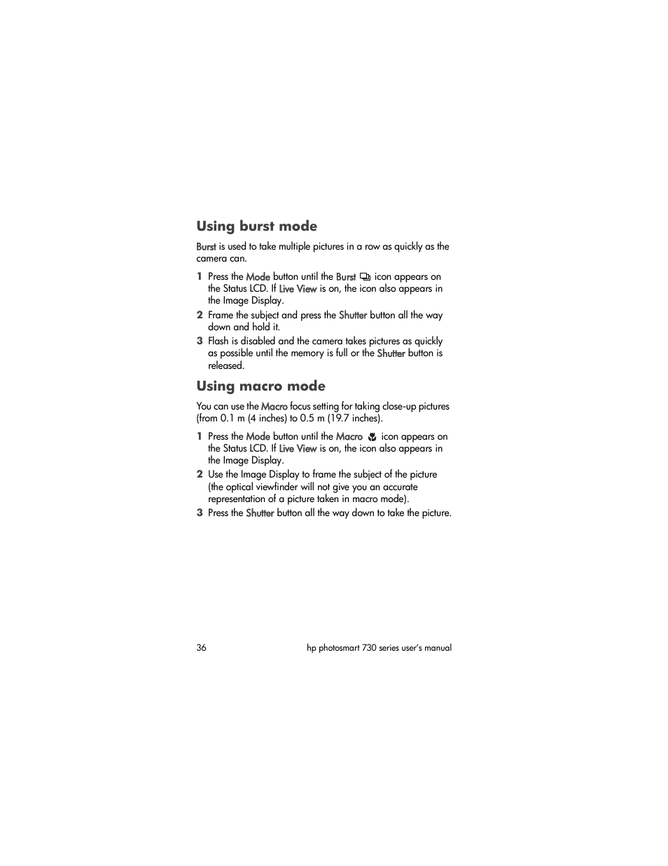 Using burst mode, Using macro mode | HP Photosmart 730 series User Manual | Page 36 / 116