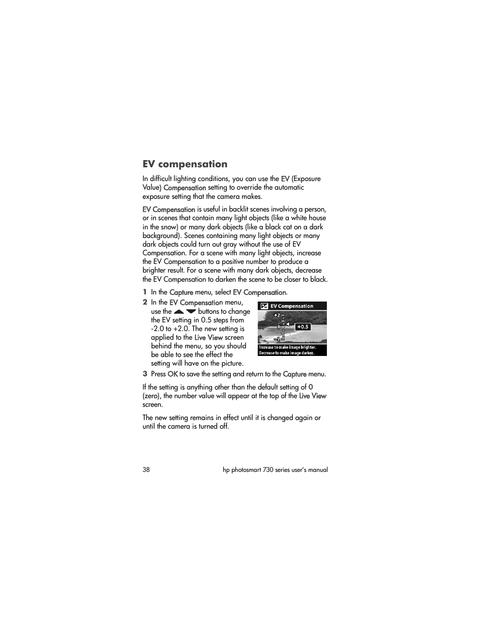 Ev compensation | HP Photosmart 730 series User Manual | Page 38 / 116