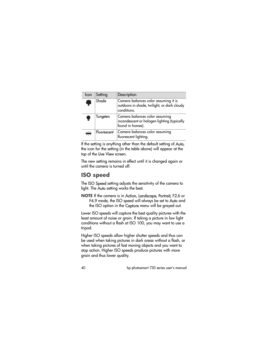 Iso speed | HP Photosmart 730 series User Manual | Page 40 / 116