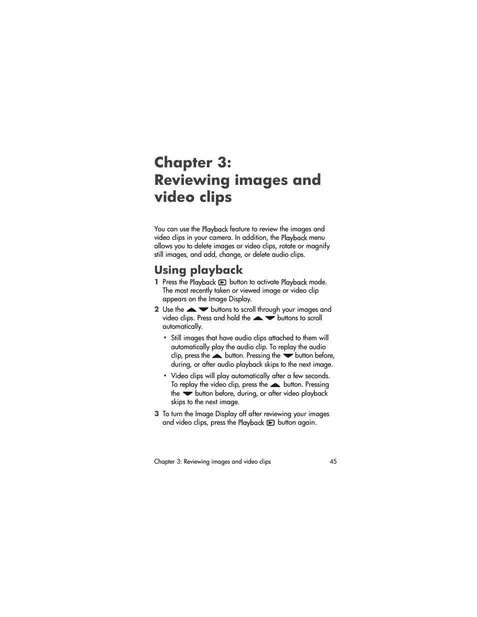 Chapter 3: reviewing images and video clips, Using playback | HP Photosmart 730 series User Manual | Page 45 / 116