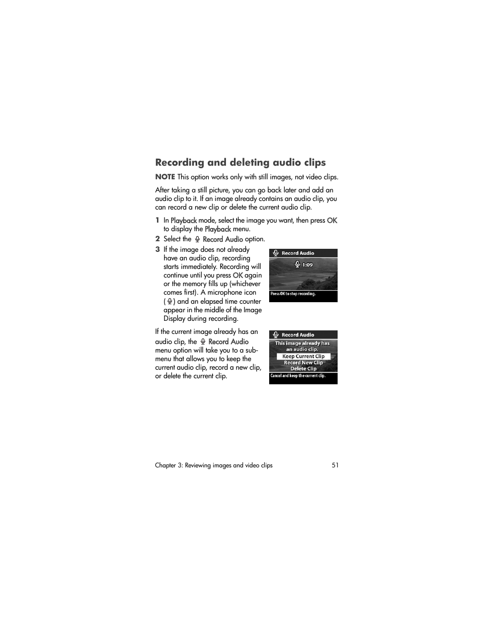 Recording and deleting audio clips, Recording and deleting, Audio clips | HP Photosmart 730 series User Manual | Page 51 / 116
