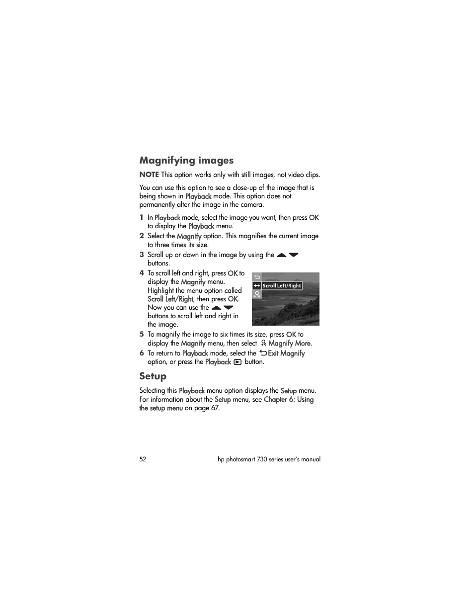 Magnifying images, Setup | HP Photosmart 730 series User Manual | Page 52 / 116