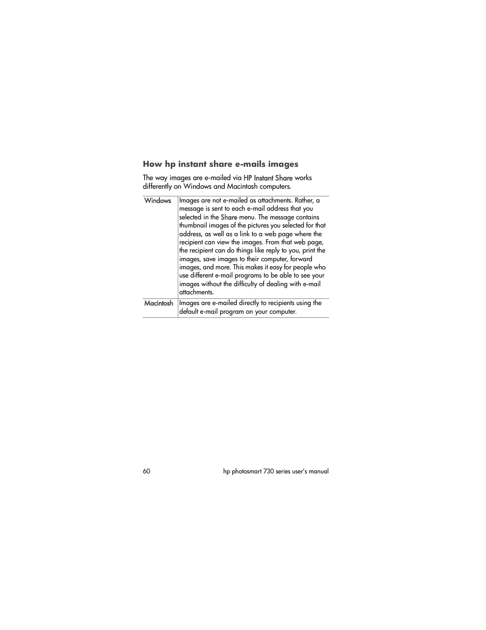 How hp instant share e-mails images | HP Photosmart 730 series User Manual | Page 60 / 116