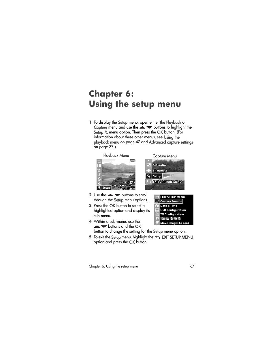 Chapter 6: using the setup menu, Chapter 6: using, The setup menu | HP Photosmart 730 series User Manual | Page 67 / 116