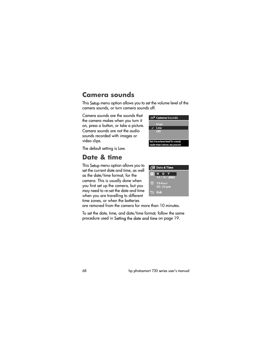 Camera sounds, Date & time | HP Photosmart 730 series User Manual | Page 68 / 116