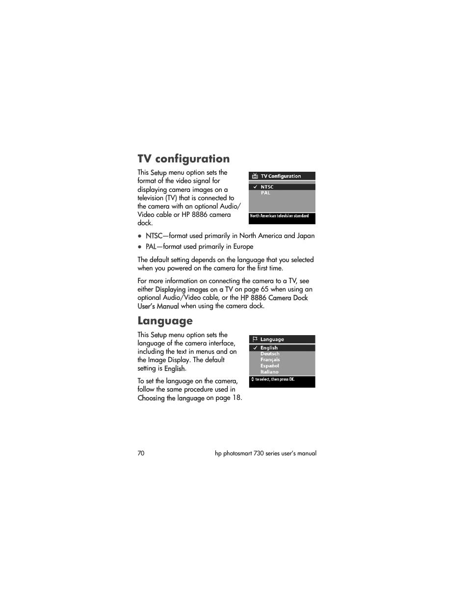 Tv configuration, Language | HP Photosmart 730 series User Manual | Page 70 / 116