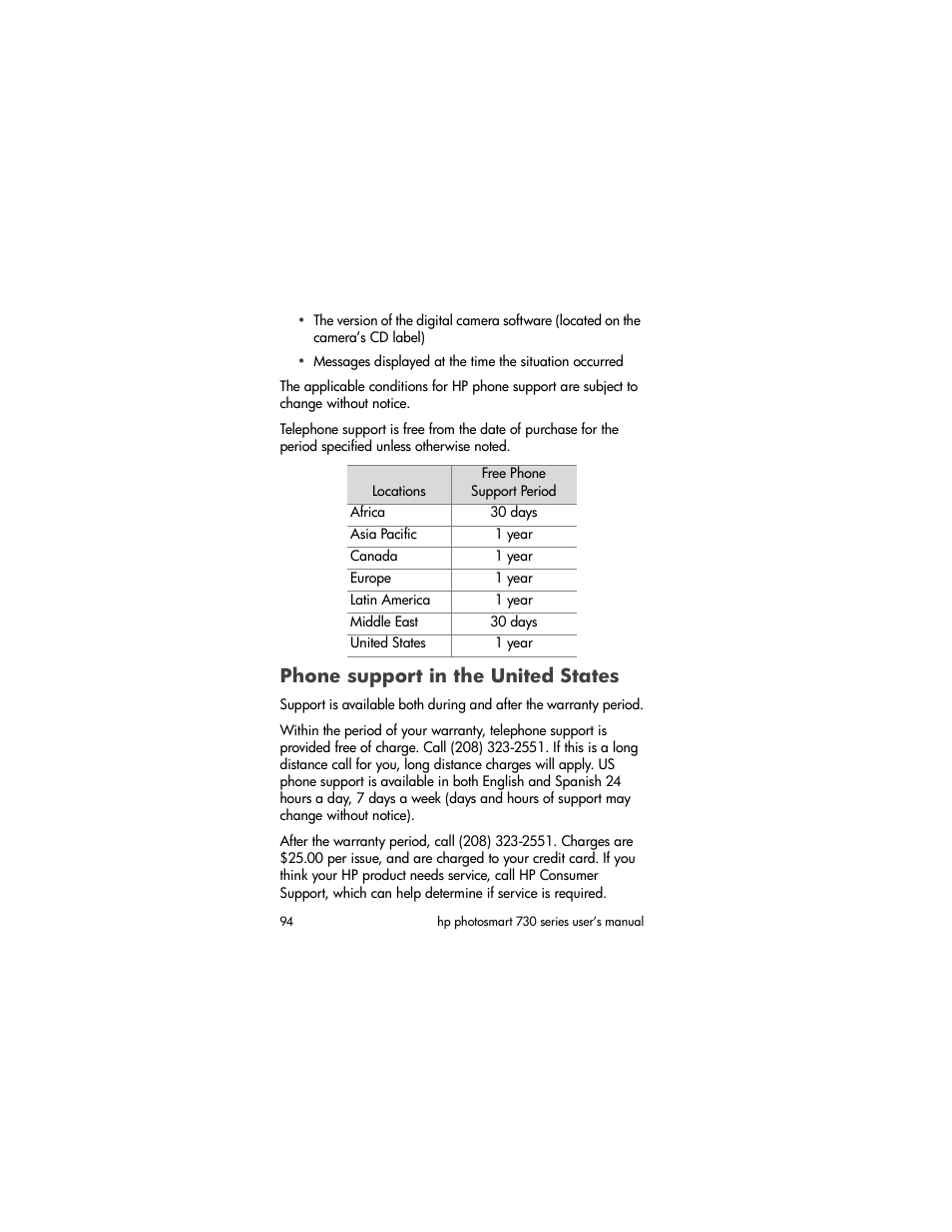 Phone support in the united states | HP Photosmart 730 series User Manual | Page 94 / 116
