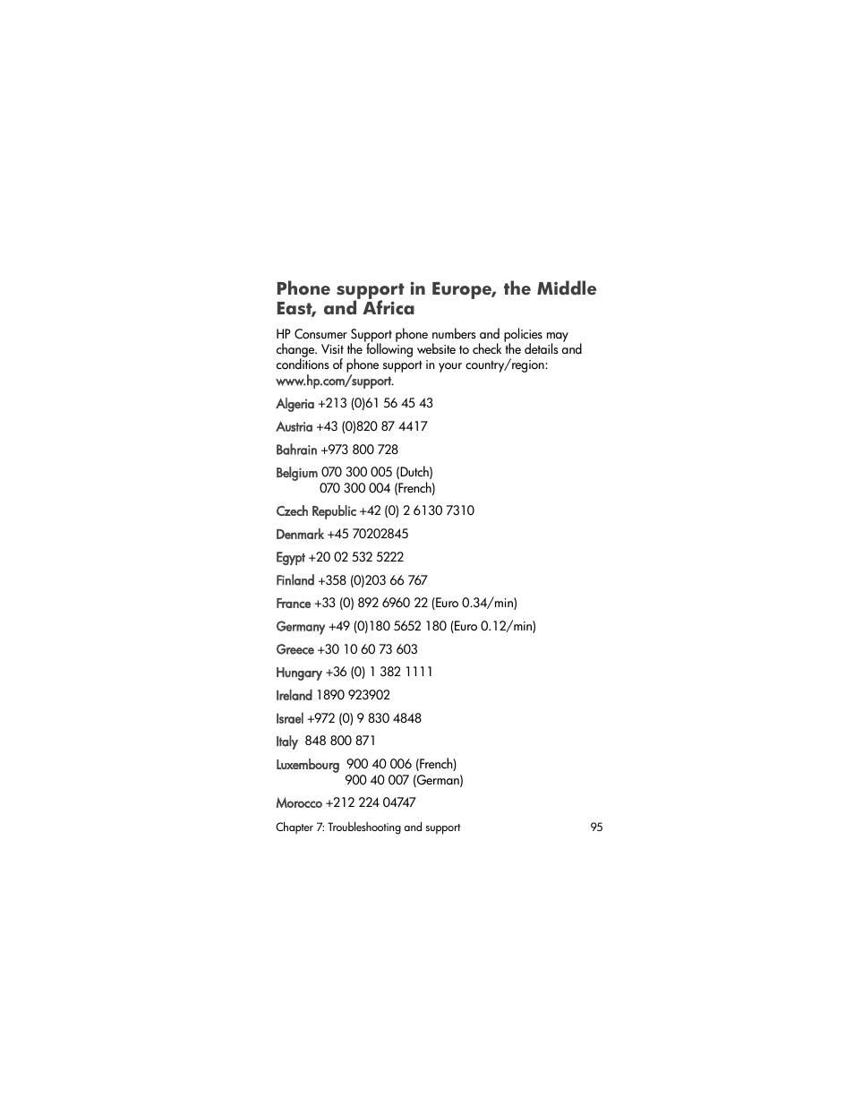 Phone support in europe, the middle east, And africa | HP Photosmart 730 series User Manual | Page 95 / 116