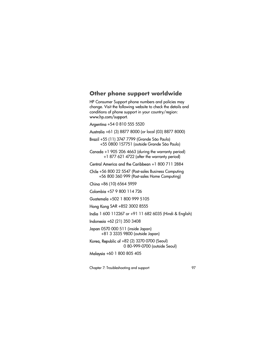 Other phone support worldwide | HP Photosmart 730 series User Manual | Page 97 / 116
